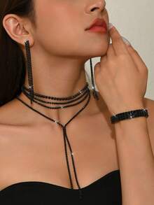 1piece Luxurious And Elegant Style, Black/White Multi-Layered Tassel Necklace Sparkles Rhinestone Brides, Delicate Temperament Accessories For Banquets And Weddings, Creative Gifts