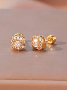 2pcs Screw-In Threaded Earrings, Elegant Bell Piercing Earrings, Copper Earrings, Sparkling Cubic Zirconia Embedded Design, Teardrop, Heart, Square Shapes Available, Matching Daily Outfits, Fashionable Creative Piercing Earrings