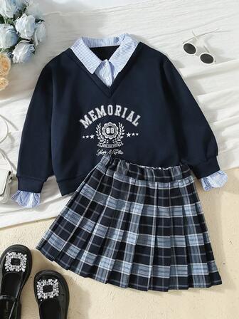 Fashionable Loose Casual Collared Top + Striped Plaid Versatile A-Line Skirt, School Style