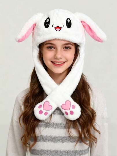 1pc Adorable Plush Bunny Hat With Movable Ears - Embroidered Polyester, Non-Stretch Christmas Party Accessory & Fun Earmuffs For Role-Playing And Holiday Celebrations, Ideal Gift, Available In Pink/Blue/White, Holiday Party Accessory|Playful Rabbit Design|Soft Texture, Rabbit Accessories