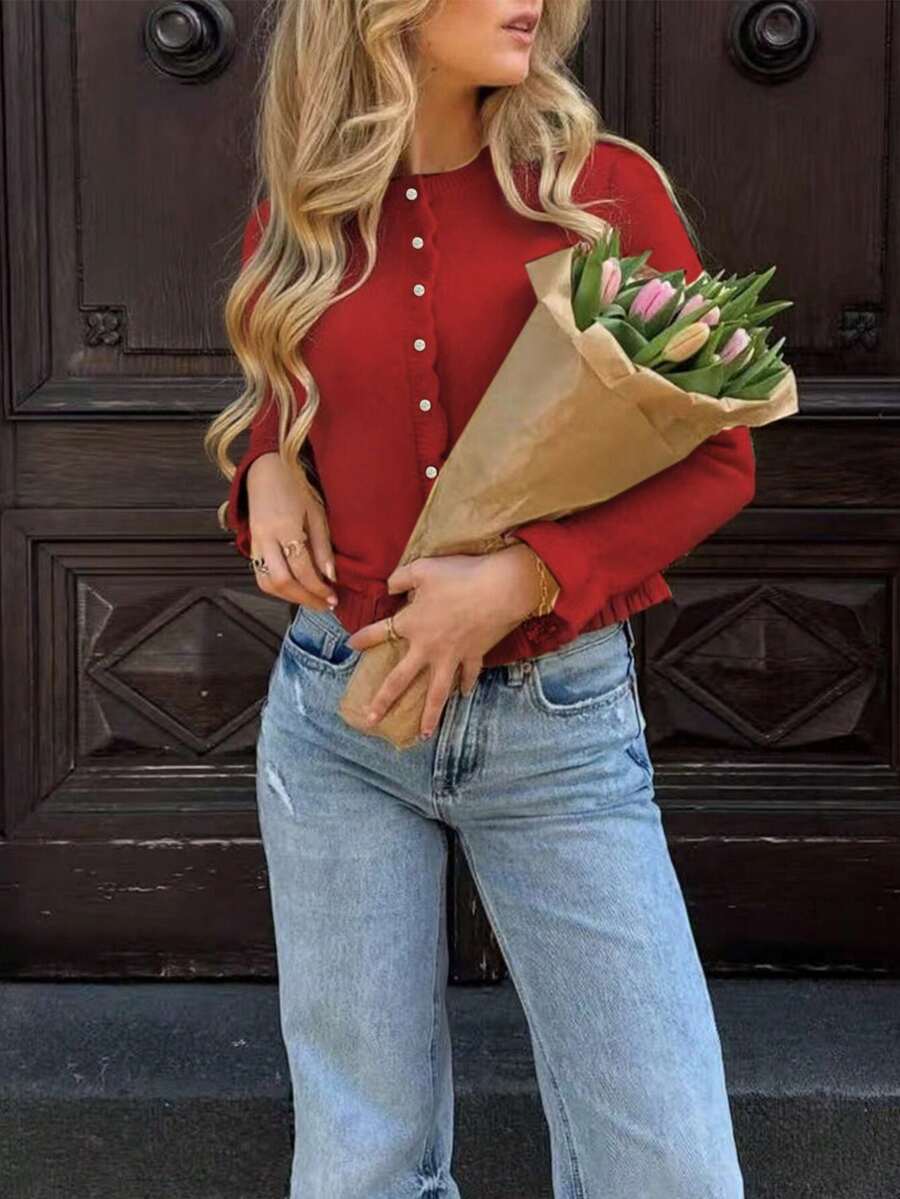 Áo khoác cardigan nữ Joy Knit Thu/Đông, Hàng mới về - Chuẩn bị đi học - Phong cách thời trang tối giản thường ngày, Áo cardigan dệt kim ôm dáng, cài nút, viền bèo nhún, vạt áo bất đối xứng, thích hợp mặc đi làm, đi chơi, đi sân bay, dịp năm mới, Giáng sinh. - Đỏ - Xem 1