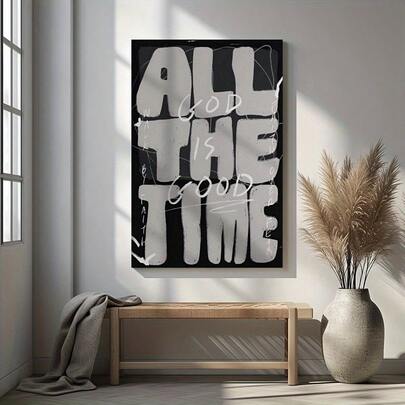 1pc Framed Canvas Poster - Modern Christian Wall Decor With "GOD. ALL. THE TIME. & GOOD. ALL. THE TIME. FAITH. ALL. THE TIME." - Black & White Minimalist Bible Verse Art In Beige/Gray/White - Vertical Inspirational Scripture Print For Home, Church, Office - Ready-To-Hang Wrapped Canvas Frame - Ideal Gift For Bedroom, Living Room, Kitchen, Dining Area - Faith-Based Room Decor
