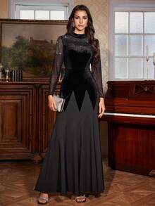 Women's Velvet Patchwork Solid Color Bodycon Midi Dress, Elegant Net Fabric With Rhinestones, Long Sleeve Mermaid Hem Evening Gown For Party - Black - View 4