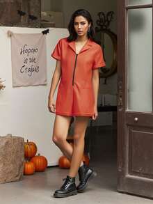 Women's Jail Costume Jumpsuit, Short Sleeve Romper With Belt And Zip Up, Prisoner Inmate Halloween Party Outfit - trái cam - Xem 4