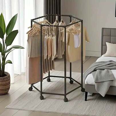 Hexagonal Rotating Clothes Rack With Wheels - 360° Rotating Floor Standing Clothes Rack, Sturdy Metal Frame, Portable Space-Saving Design, Suitable For Laundry Rooms, Boutique Displays, And Home Storage, 150-Pound Weight Capacity, Clothes Hanging Rack, Laundry Room Accessory, Modern Aesthetics, Durable Construction