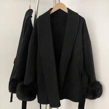 OFTBUY Einfarbige Jacke mit langen Ärmeln, loser Taille, Gürtel, Fellimitat-Patchwork und Wollmischung, lässiger Street-Style für Herbst/Winter & Feiertage - Schwarz - Übersicht 4