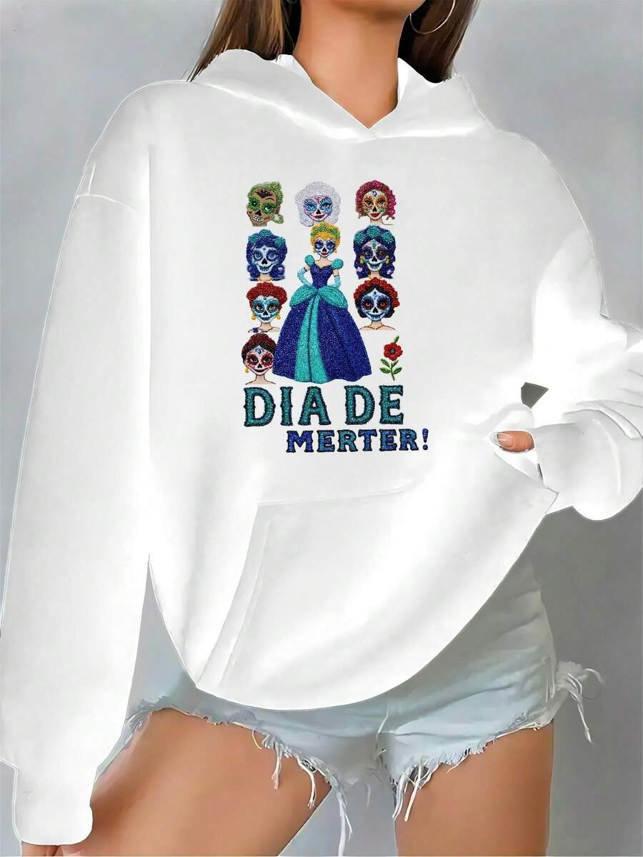 Sudadera Con Capucha Para Mujer, Gráfica De Día De Los Muertos, Con Bolsillo Frontal, Manga Larga, Ideal Para Fiestas De Halloween, Disfraces, Ropa Casual Para Otoño/invierno, Ropa Oficial De , Ropa De Halloween, Ropa Festiva, Estampado De Dibujos Animados, Ajuste Cómodo, Ropa Temática, Entusiastas De La Moda, Ropa De Disfraces, Material Duradero, Sudadera Impresa, Amantes De Los Disfraces. - blanco - Ver 1