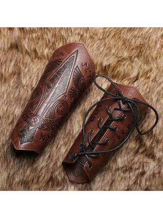 1 pieza Guardias de muñeca vintage medievales con relieve - Piel sintética, patrones geométricos para Halloween, cosplay y actuaciones en el escenario, caballero, accesorios