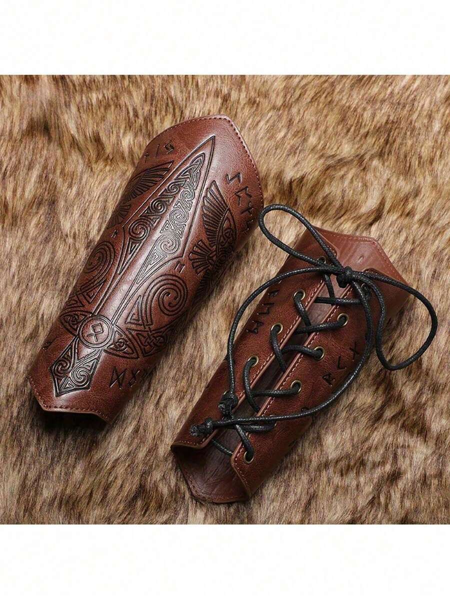 1 pezzo Protezioni per polso medievale vintage con motivi geometrici in pelle sintetica, per Ognissanti, cosplay e rappresentazioni teatrali, accessori da cavaliere