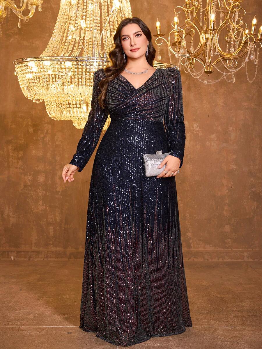 UNITHORSE [Chiều dài ngẫu nhiên] Đầm dạ hội cổ chữ V, tay công chúa, ôm eo, kiểu ombre, đính sequin lấp lánh, thanh lịch, thích hợp cho tiệc cưới, dạ tiệc mùa xuân. - Màu xanh hải quân - Xem 1