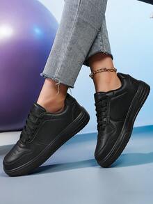 ​Women's Black Leather Retro Sneakers - Chunky Comfort Sole With Raw Hem Denim For City Everyday Wear, Year-Round Shoes For Women​ - 黑色 - 查看 4