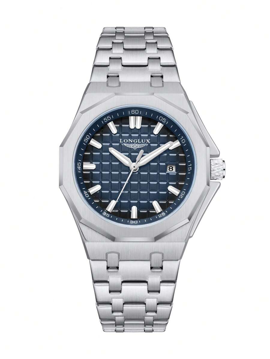 LONGLUX 1pc Men's Automatic Mechanical Watch With Calendar, Butterfly Buckle Steel Strap, Waterproof, Casual & Minimalist - Blue - View 1