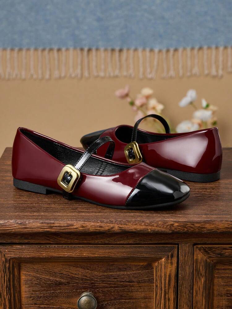 Women's Fashion Square Toe Slip-On Shoes, Black Patchwork With Contrasting Burgundy Color, Versatile For Office, Casual, Outdoor, Spring/Summer, High-Quality Flat Mary Jane Shoes For Party, Wedding, Red - Burgundy - View 6