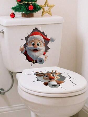1 套圣诞老人和麋鹿浴室装饰 - PVC 自粘防水可移除马桶贴纸，适用于家庭、派对装饰、完美的圣诞派对装饰、客厅、卧室、橱柜装饰、入口装饰等，使房间装饰更有趣