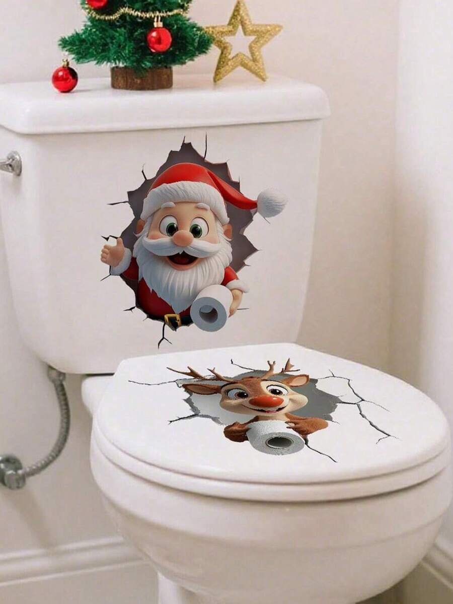1 zestaw świątecznych dekoracji łazienkowych z Mikołajem i Łosiem - samoprzylepne, wodoodporne, zdejmowane naklejki na toaletę z PVC, odpowiednie do domu, dekoracji imprezowych, idealne na świąteczne przyjęcia, do salonu, sypialni, szafki, przedpokoju itp., uatrakcyjnij wystrój pokoju