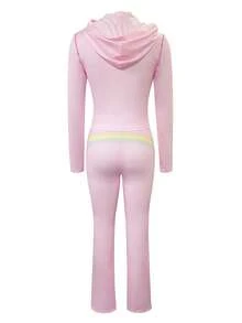 LovelyWholesale Bộ 2 món nữ kiểu dáng thường ngày, gồm áo dài tay có mũ in kỹ thuật số 3D và quần ống loe in họa tiết cầu vồng, thích hợp cho mùa xuân/thu. - Hồng - Xem 4