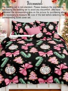 3pcs Hand-Painted Black Background Pink Bow Christmas Tree Digital Print Duvet Set (1 Piece Duvet Cover 2 Pieces Pillowcase Without Core) Polyester Fiber Super Soft Skin-Friendly Bedding Set Christmas Decorations Suitable For Various Bed Sizes Ideal For Gifting - Multicolor - View 4