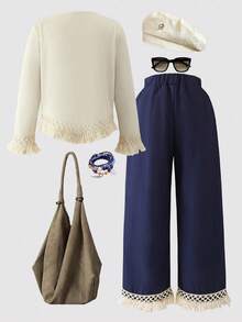 2pcs Girls Casual Ruffle Trim Top And Solid Color Pants Set, Spring/Autumn