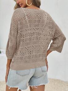 Women Crochet Hollow Out Cover Up Top Off Shoulder 3/4 Sleeve Lightweight Mesh Boho Summer Beachwear - Khaki - View 4