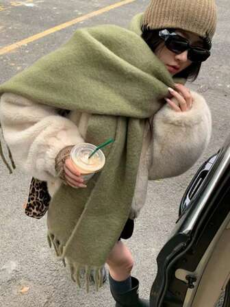 1pc Solid Color Scarf, Winter Warm Neck, Thickened Wool Knitted Thick Fringed Shawl, Can Be Worn For Dress