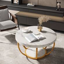 LITTLE TREE Round Coffee Table, 32" Circle Coffee Table For Living Room, 2-Tier Wood Accent Center Table With Open Storage Industrial Design Home Furniture (White And Gold) - 白色和金色 - 查看 9