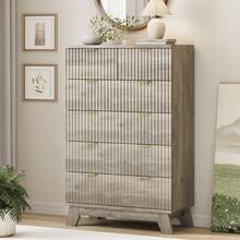 Fluted 6 Drawers Dresser For Bedroom, 46" Tall Modern Chest Of Drawers With Metal Handle, Curved Profile Design,Natural Wood Drawer Organizer For Bedroom, Living Room, Hallway, Entryway - 灰色 - 查看 1