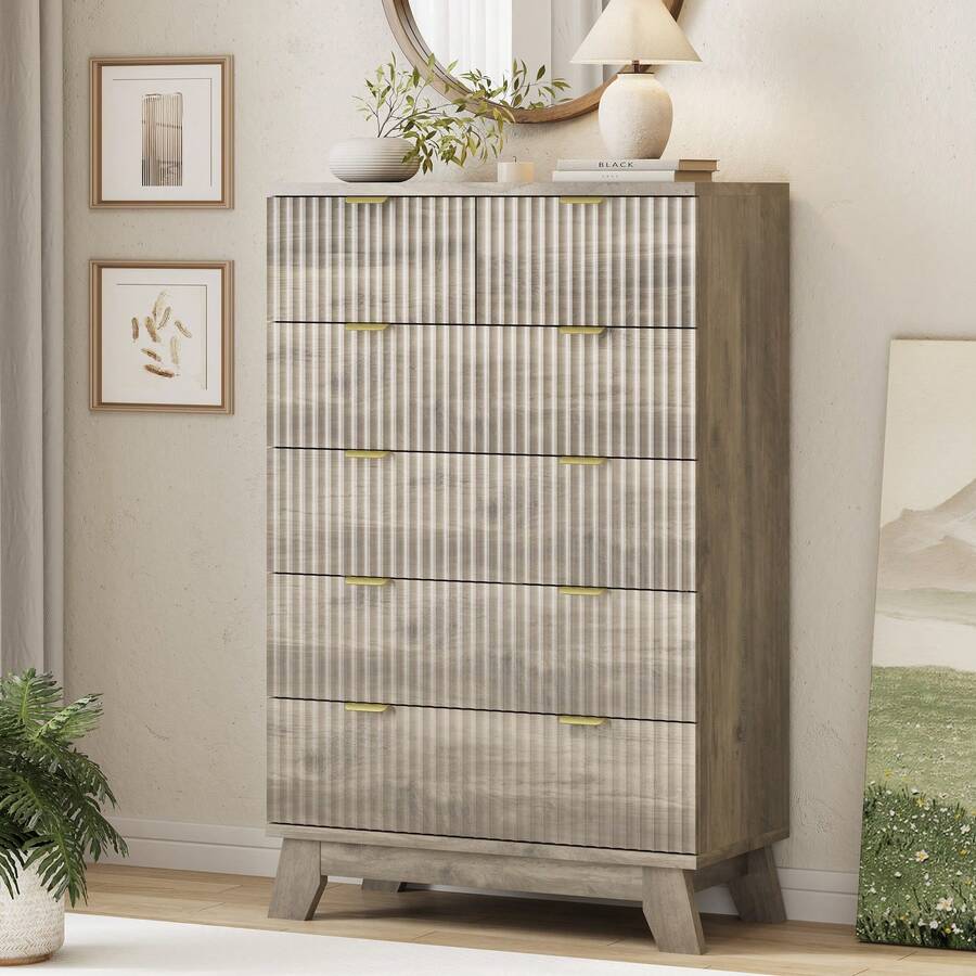 Fluted 6 Drawers Dresser For Bedroom, 46" Tall Modern Chest Of Drawers With Metal Handle, Curved Profile Design,Natural Wood Drawer Organizer For Bedroom, Living Room, Hallway, Entryway - 灰色 - 查看 1