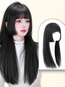 Natural Long Straight Synthetic Black Wig With Bangs Lolita Cosplay Hair Wigs For Women Heat Resistant Fiber Daily Party Wig Fem - Multicolor - View 4