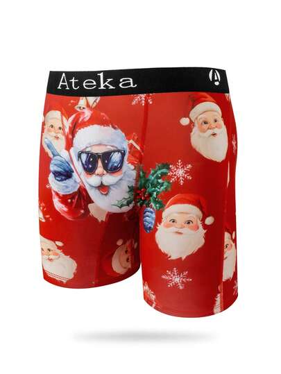 1 pièce Caleçon long pour homme avec imprimé graphique du Père Noël - Imprimé de dessin animé sur le thème de Noël, taille élastique jacquard, port quotidien confortable, design de jambe longue, imprimé ludique, tissu tricoté de qualité, décontracté et confortable