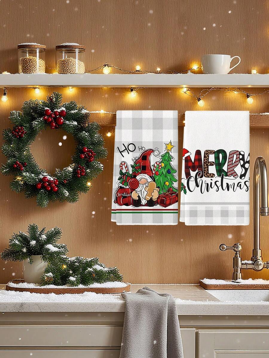2 Piezas de Toallas de Cocina con Diseños Navideños: Papá Noel Rosa, Muñeco de Nieve, Acebo, Flor de Pascua, Gnomo Lindo, Camión Rojo, Estampado a Cuadros, Bastón de Caramelo, Renos, Muñeco de Nieve, Decoración Navideña para el Hogar, Baño y Comedor