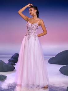 Anymoon Women's High Waist Ruffle Trim Long Evening Dress - Baby Pink - View 6