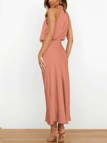 Women's Sleeveless Satin Dress, Elegant Silk Pleated Cocktail Dress, Summer Club Party Dress, Wedding Guest & Vacation Outfit - Rose Red - View 3