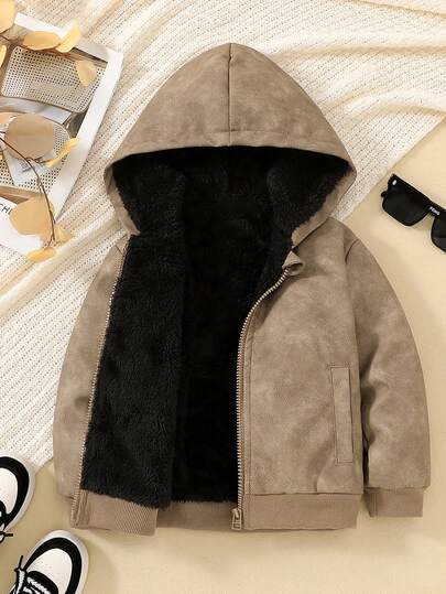 Boys' Fashionable Comfortable Thermal Lined Hooded Long Sleeve PU Jacket Outerwear, Young Boy Autumn/Winter New Windproof Versatile Motorcycle Bomber Jacket