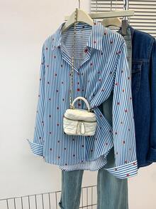 YUXIN 热销清新蓝白条纹心形元素衬衫舒适透气多场景四季女上衣 - 藍條 - 查看 2