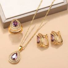 18K Gold Plated Elegant Minimalist Water Drop Jewelry Set, Includes Earrings, Necklace Pendant, Adjustable Ring, Synthetic Cubic Zirconia, Bridal Wedding Fashion Accessories, Suitable For Daily Wear, Christmas, Halloween, Thanksgiving, Valentine's Day, Anniversary