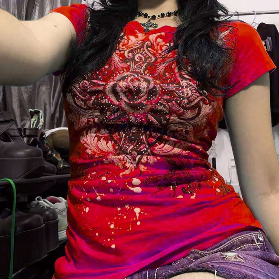 Grunge Shirts Emo Clothes Teen Girls Vintage Graphic Tee Y2k 2000s Goth Top Women Mcbling Short Sleeve Streetwear - 紅色 - 查看 1