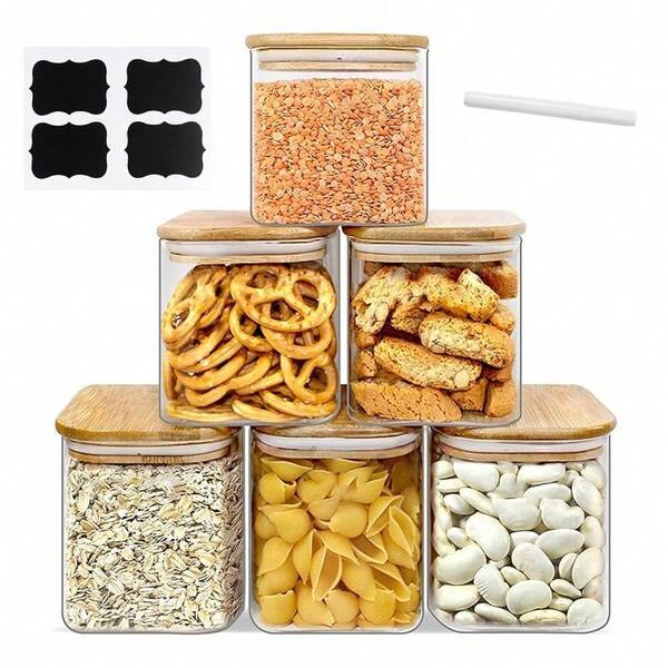 2/4/6 piezas Recipientes de vidrio transparente cuadrados con tapas de bambú, tarros de almacenamiento de alimentos de vidrio borosilicato herméticos, ideales para granos de café, té, hierbas, especias, galletas, granos y legumbres, recipiente multiusos para cocina, comedor, exterior, camping, suministros para cena familiar, suministros para fiesta de Navidad