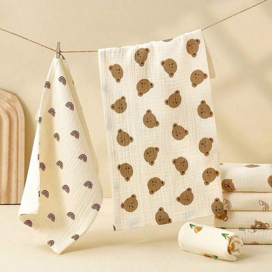 1/2/3/5pcs Set Newborn Baby Handkerchiefs, Random Colors, 4-Layer Soft Absorbent 100% Cotton Gauze Face Towels, Cartoon Drool Bibs - Multicolor - View 1