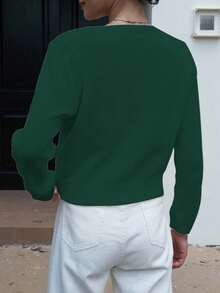 Sylvia Women's Basic Minimalist Long Sleeve Crew Neck Short Fitted Soft Knit Solid Color Cardigan Sweater, Gentle Relaxed Fit For Daily, Commute, Casual, Girlfriend Afternoon Tea, New Year, Valentine's Day - Dark Green - View 4