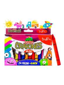 Crayones Jumbo C/24 Colores +4 Neon Cuerpo Redondo Indra - Multicolor - Ver 1