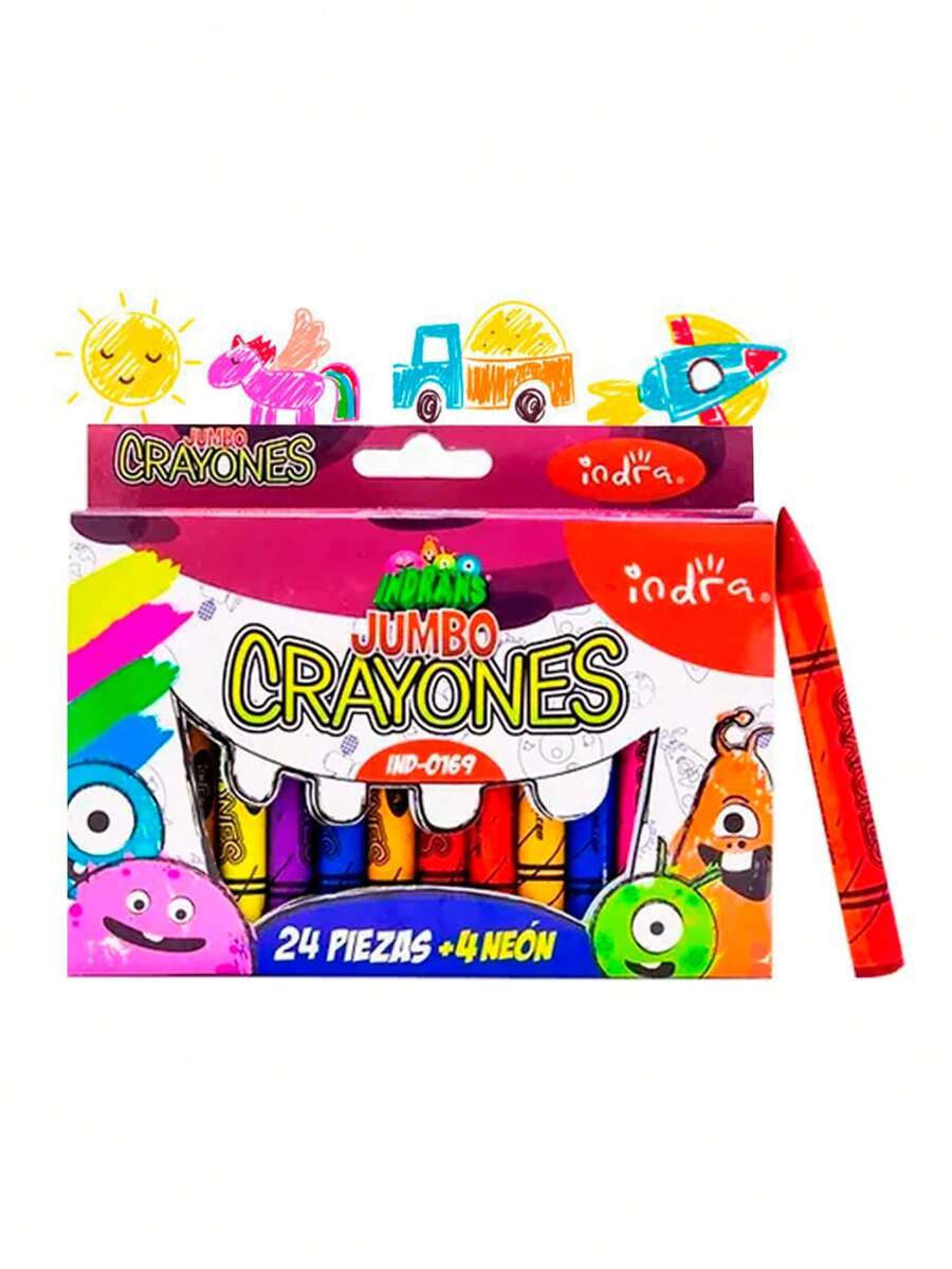 Crayones Jumbo C/24 Colores +4 Neon Cuerpo Redondo Indra - Multicolor - Ver 1