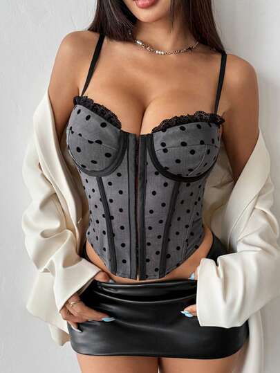 时尚加垫紧身胸衣短款上衣，波尔卡圆点蕾丝花边，可调节肩带，合身紧身胸衣式吊带背心