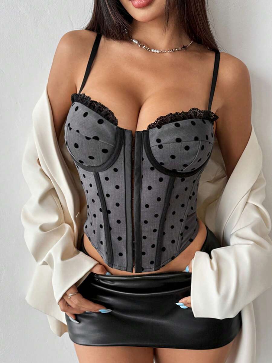 时尚加垫紧身胸衣短款上衣，波尔卡圆点蕾丝花边，可调节肩带，合身紧身胸衣式吊带背心 - 灰色 - 查看 1