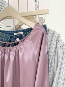 Plus Size Women Solid Color Crew Neck Backless Tie Casual Commuter Blouse, Suitable For Autumn/Winter Office Wear