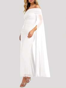 SEBOWEL Off The Shoulder With Mesh Cloak Cape Solid Slim Dress Women Elegant Ruched Bodycon Evening Club Party Cocktail Wedding Formal Dresses Robe - trắng - Xem 4