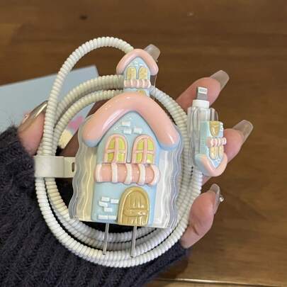 3D Cartoon House Charger Protector Case, Suitable For IPhone 11, 12, 13, 14, 15, 16, 18W-20W, Cute Pink & Blue Roof Design With White Door And Roof, No Battery Required, Fun Design | Charger Protector Case