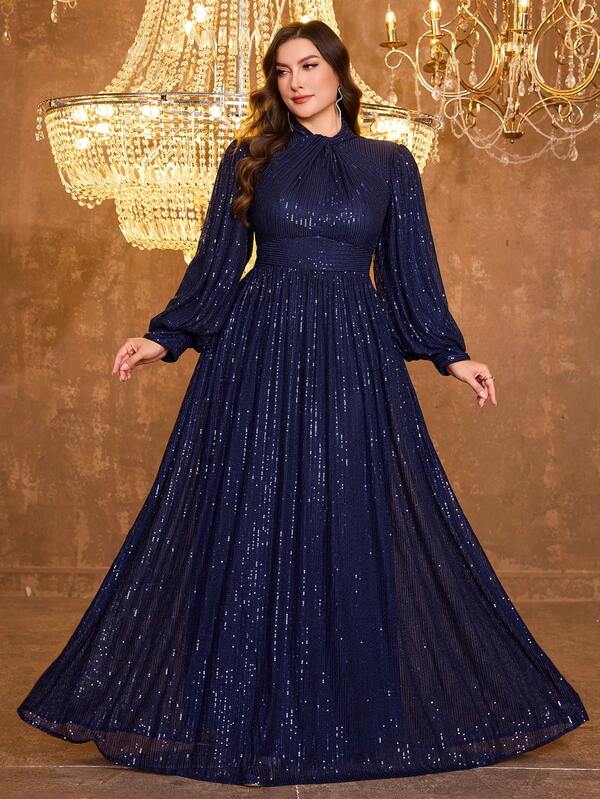 UNITHORSE Plus Size Sequin Embellished Cross V-Neck Lantern Sleeve Elegant Formal Evening Party Dress