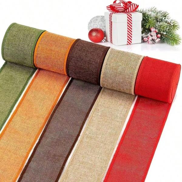 1/5pcs Colors Of Garland Burlap Ribbon Thanksgiving Autumn Wired Edge Ribbon For Gift Wrapping, Bow, Country Crafts, Wedding, Holiday, Autumn Decoration