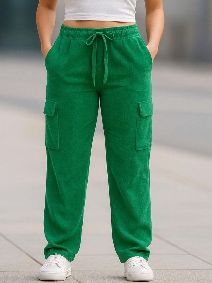 Pantalón Cargo Mujer de Pana con Cintura Elástica y Bolsillos Laterales - Verde - Ver 1