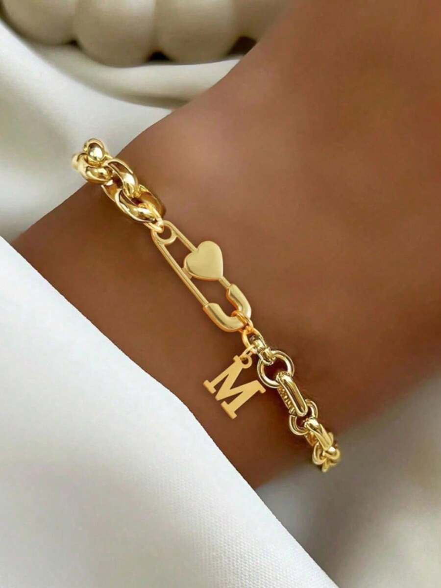 1pc Women's New Classic Gold Heart-Shaped Brooch Bracelet